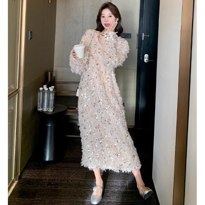 スパンコールフリルワンピース