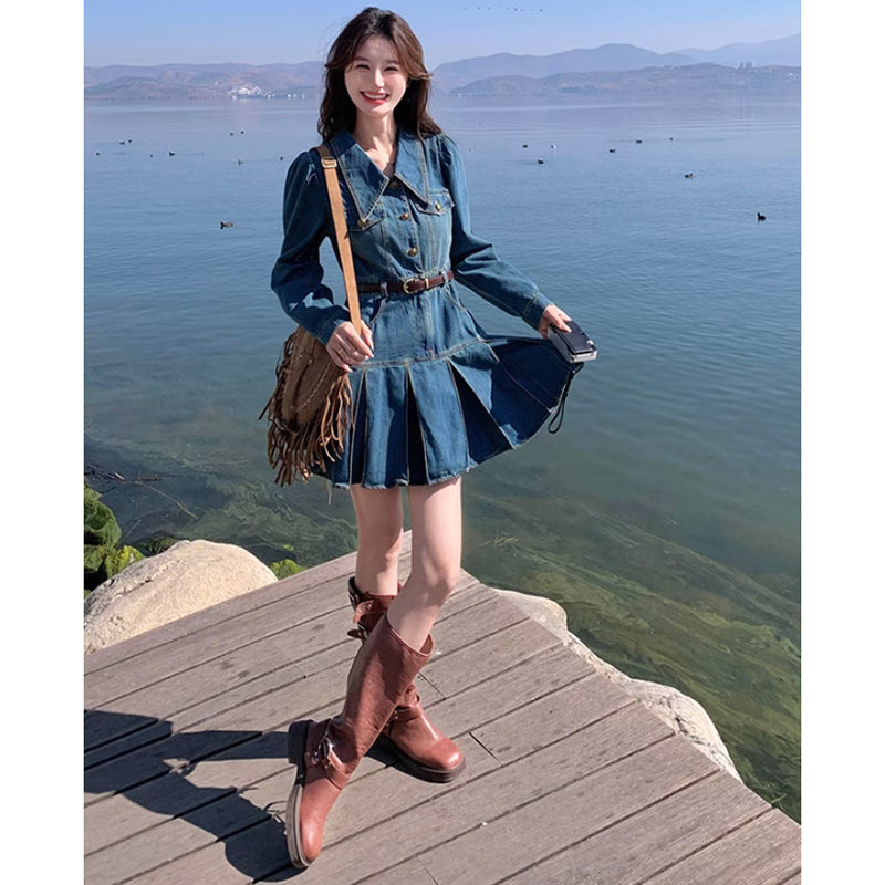 裾プリーツデニムワンピース