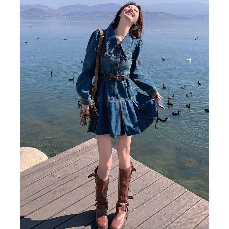 裾プリーツデニムワンピース