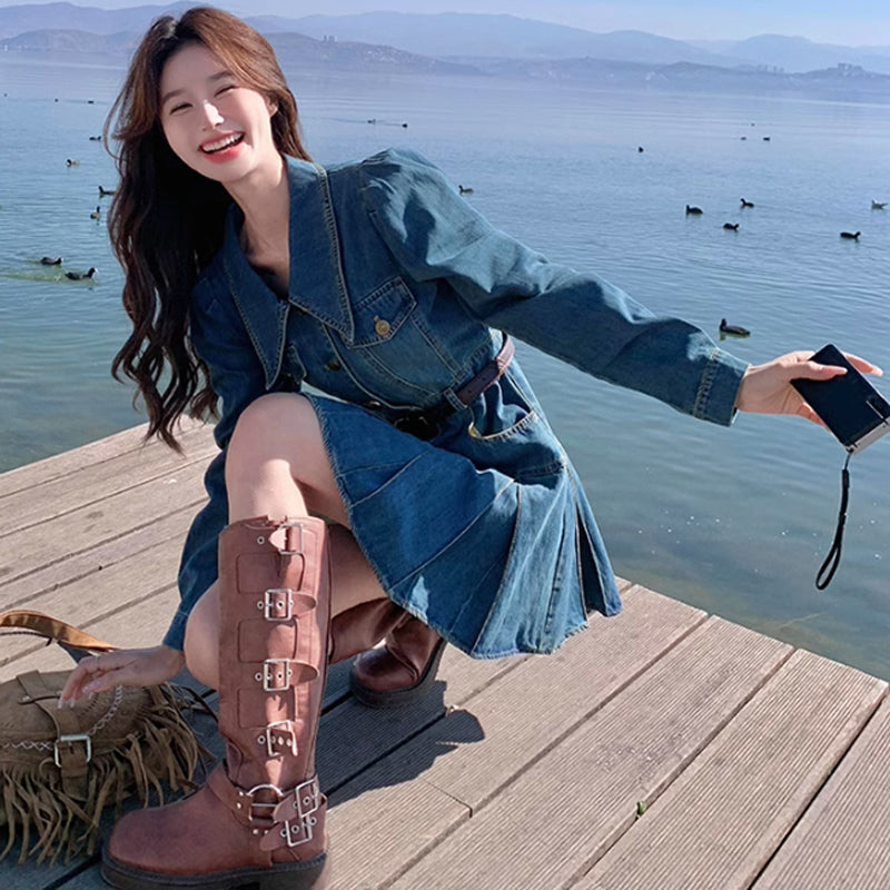 裾プリーツデニムワンピース