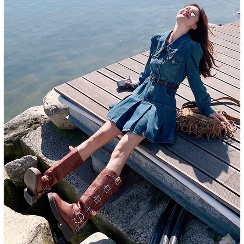 裾プリーツデニムワンピース