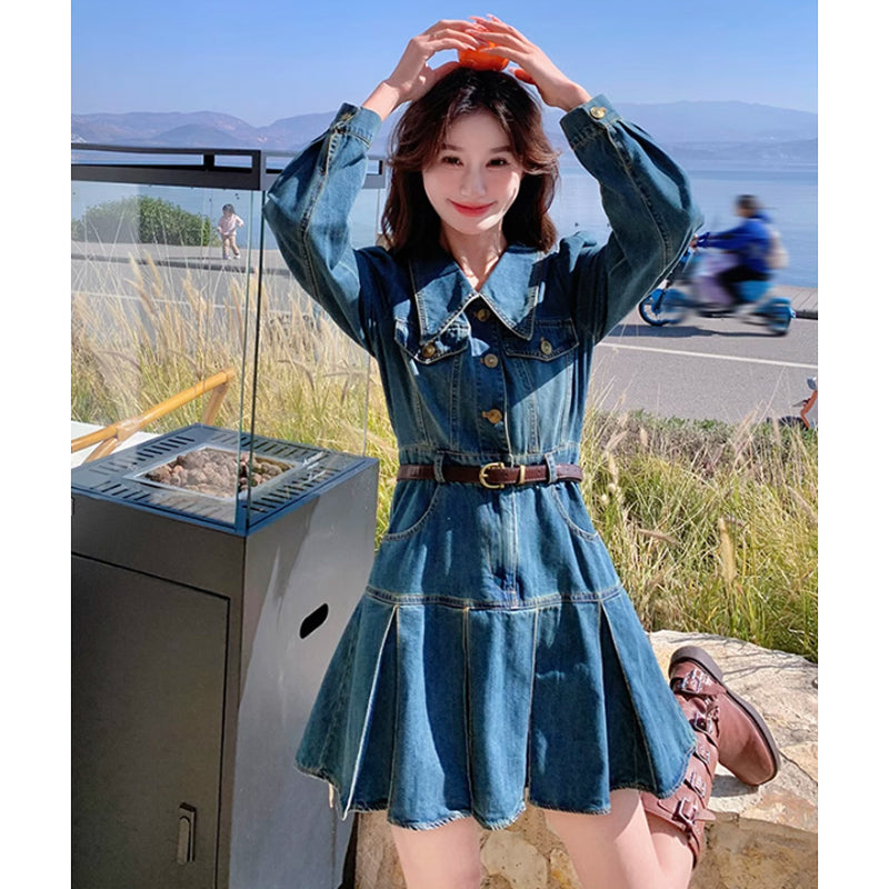 裾プリーツデニムワンピース