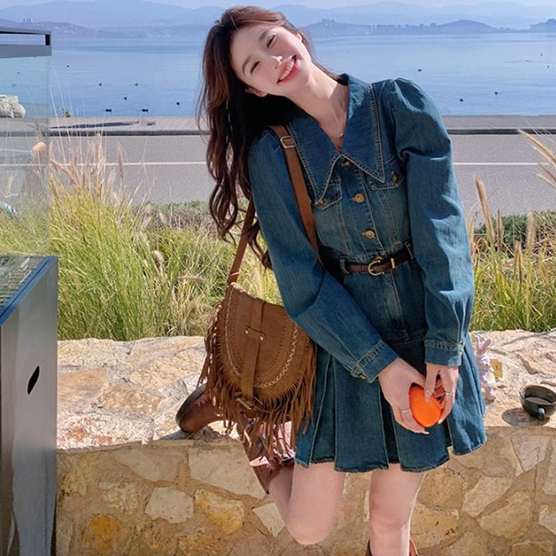 裾プリーツデニムワンピース