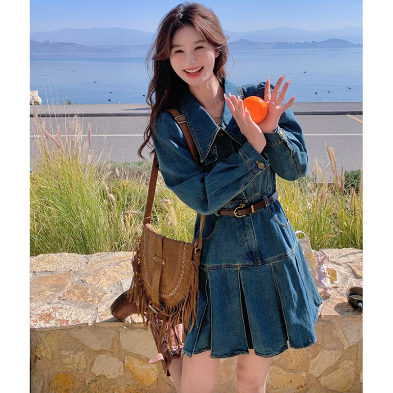 裾プリーツデニムワンピース