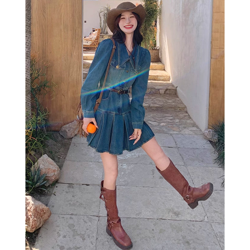 裾プリーツデニムワンピース