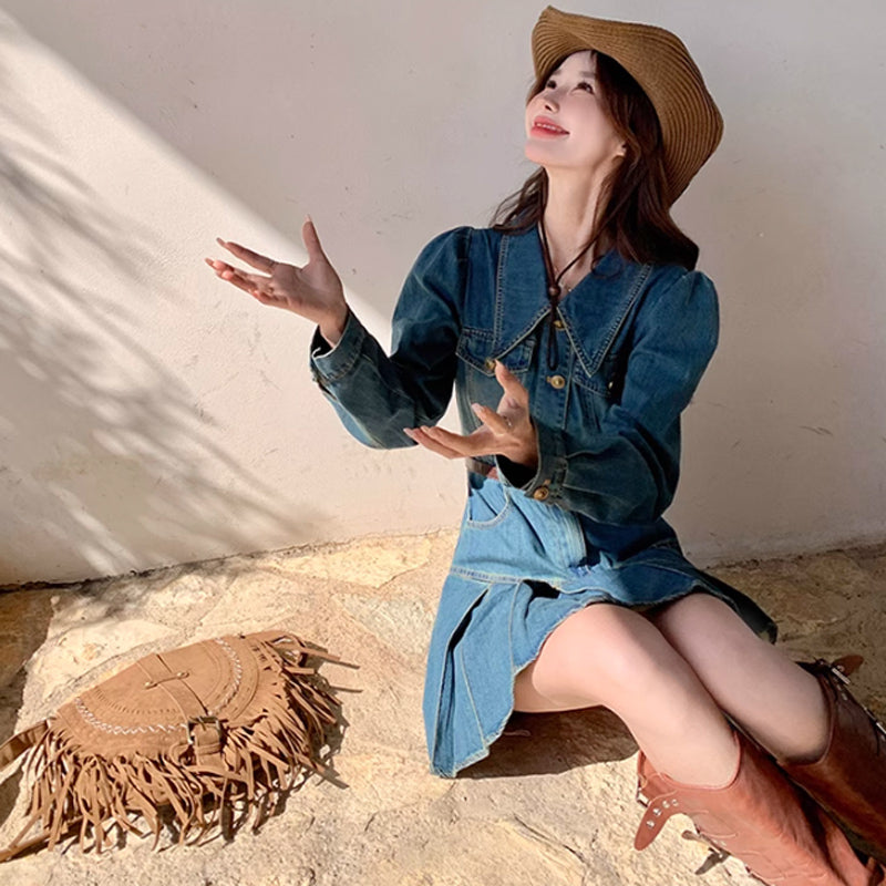 裾プリーツデニムワンピース