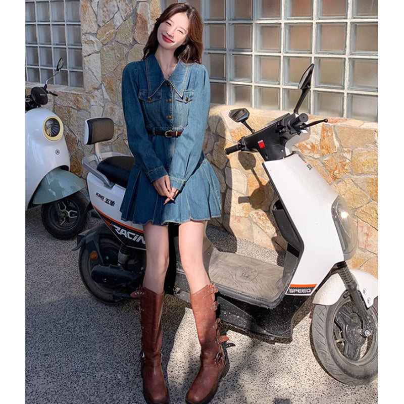 裾プリーツデニムワンピース