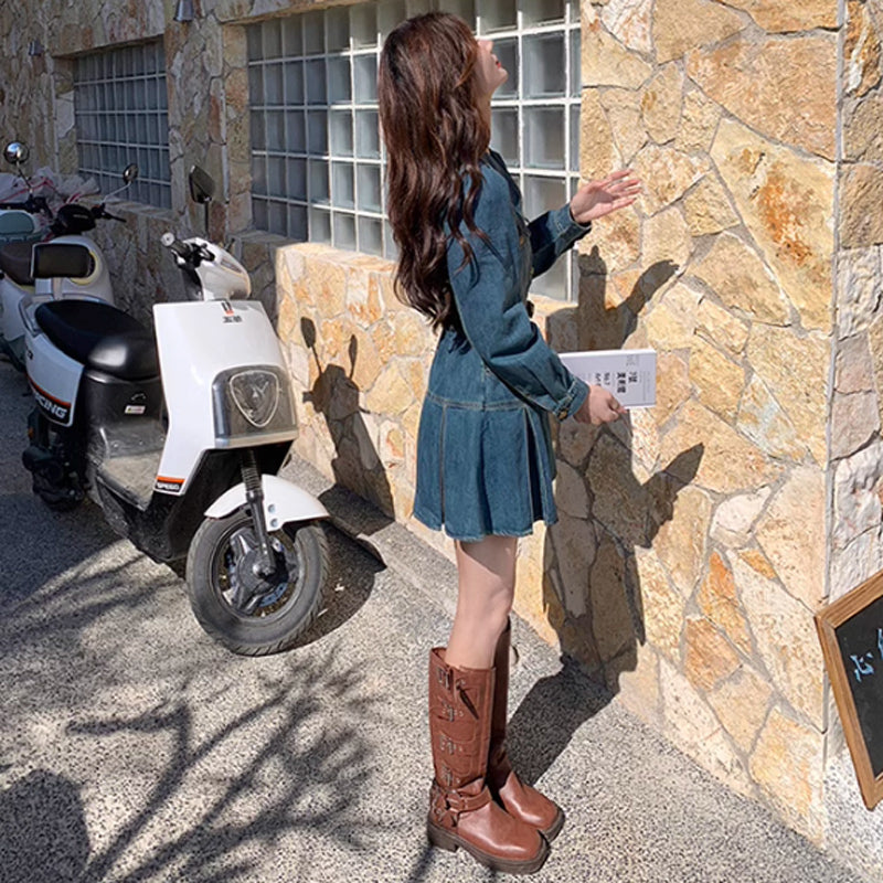 裾プリーツデニムワンピース