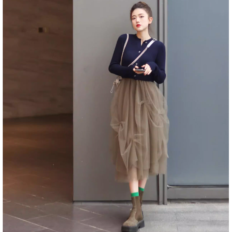 リブニットカーディガン×チュールスカート