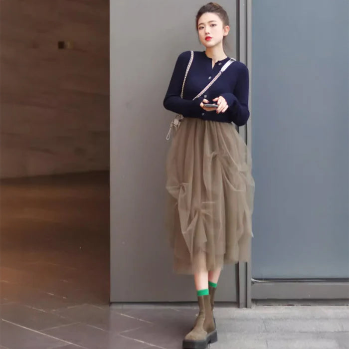 リブニットカーディガン×チュールスカート