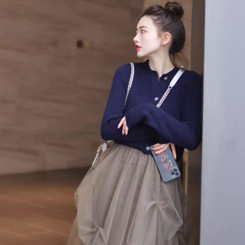 リブニットカーディガン×チュールスカート