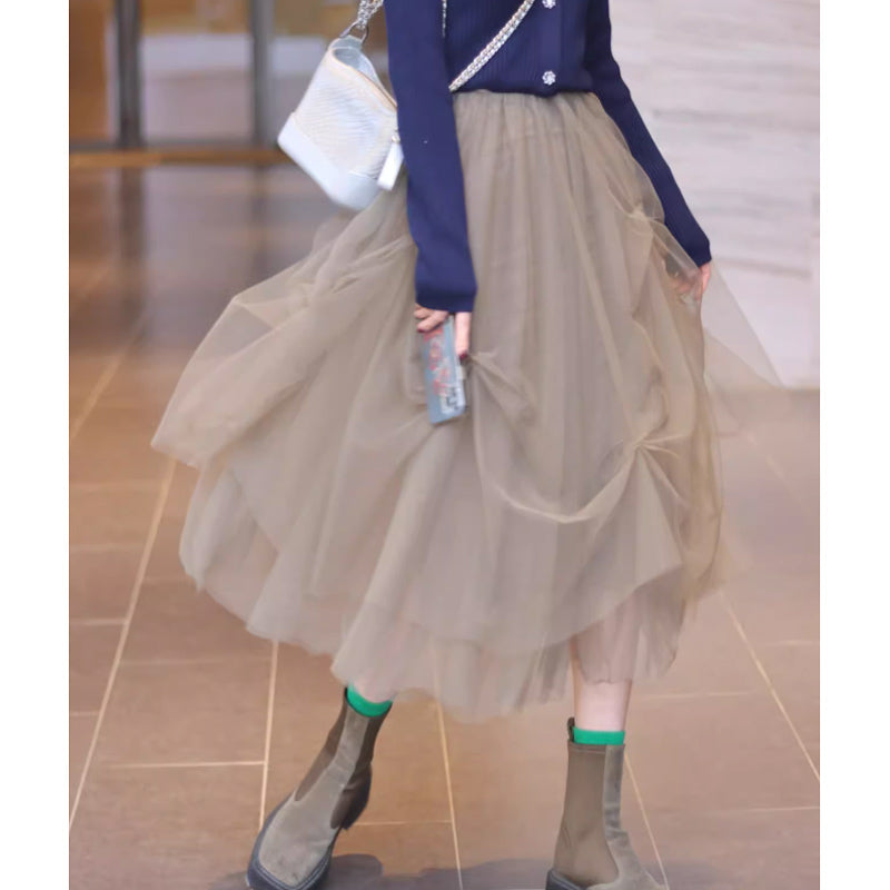 リブニットカーディガン×チュールスカート