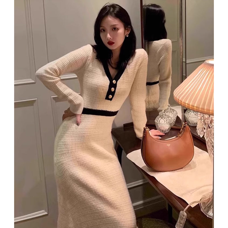 Vネックワッフルニットワンピース(2colors)