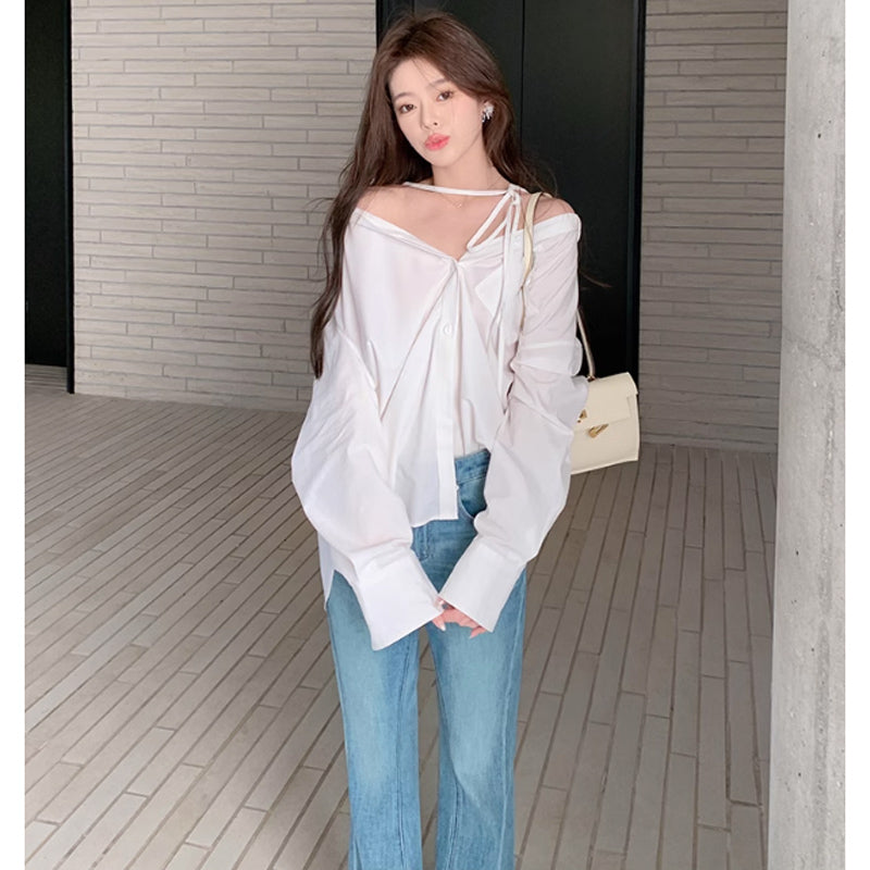 リボンストラップホワイトブラウス