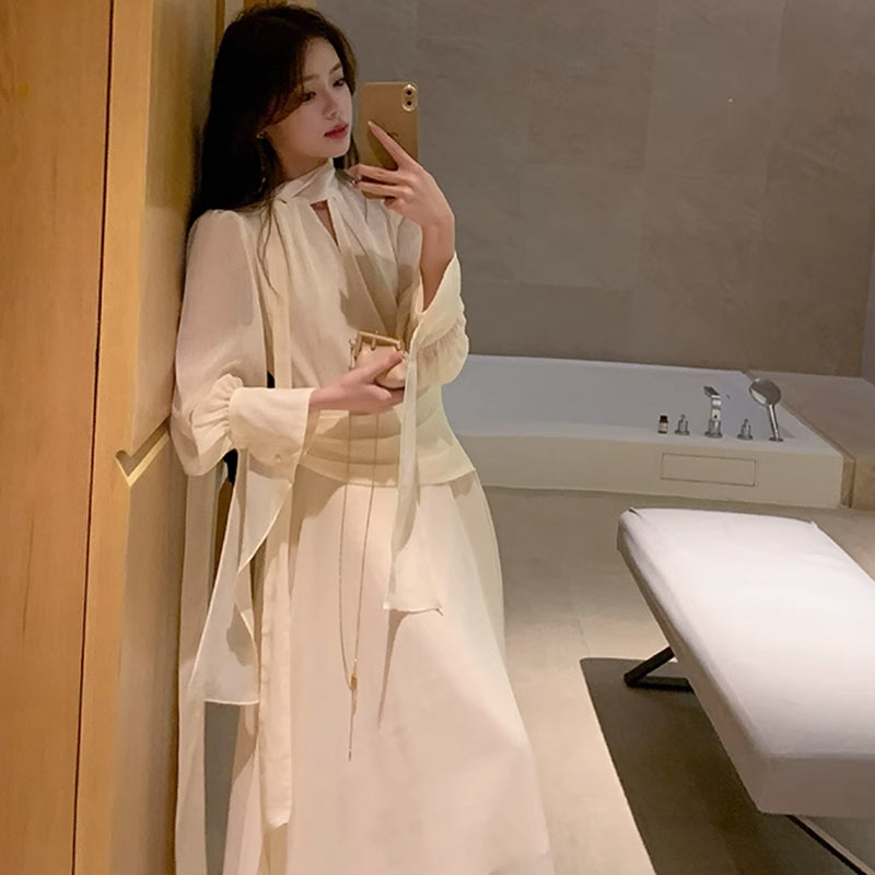 ロングリボンシフォンワンピース