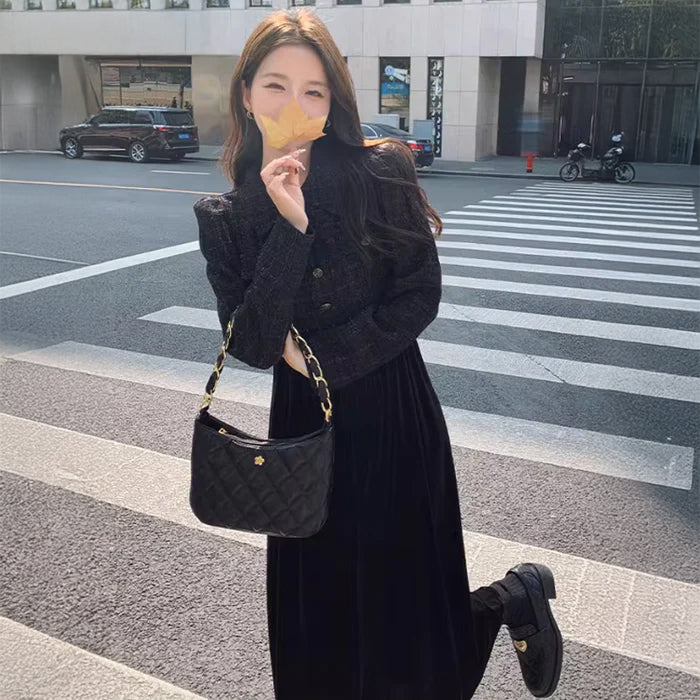 ツイード切替ブラックワンピース