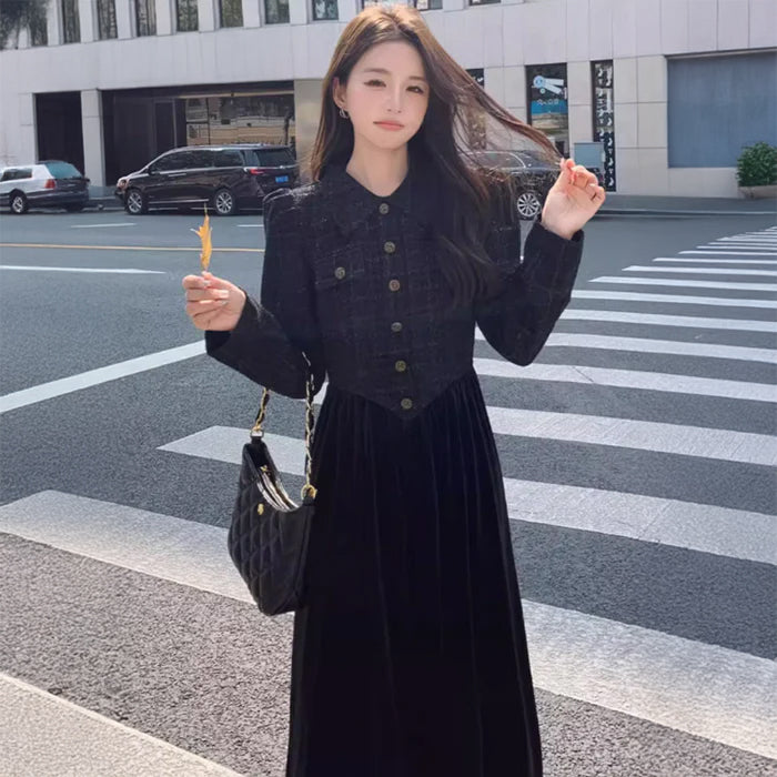 ツイード切替ブラックワンピース