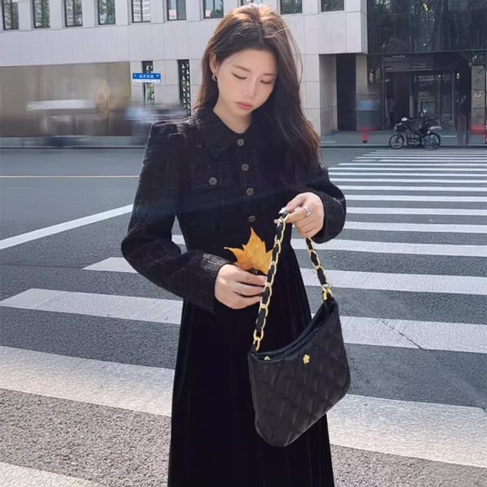 ツイード切替ブラックワンピース