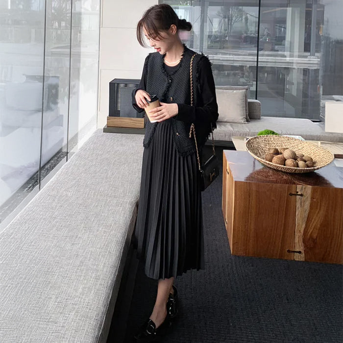 カットオフベスト×プリーツスカートワンピース