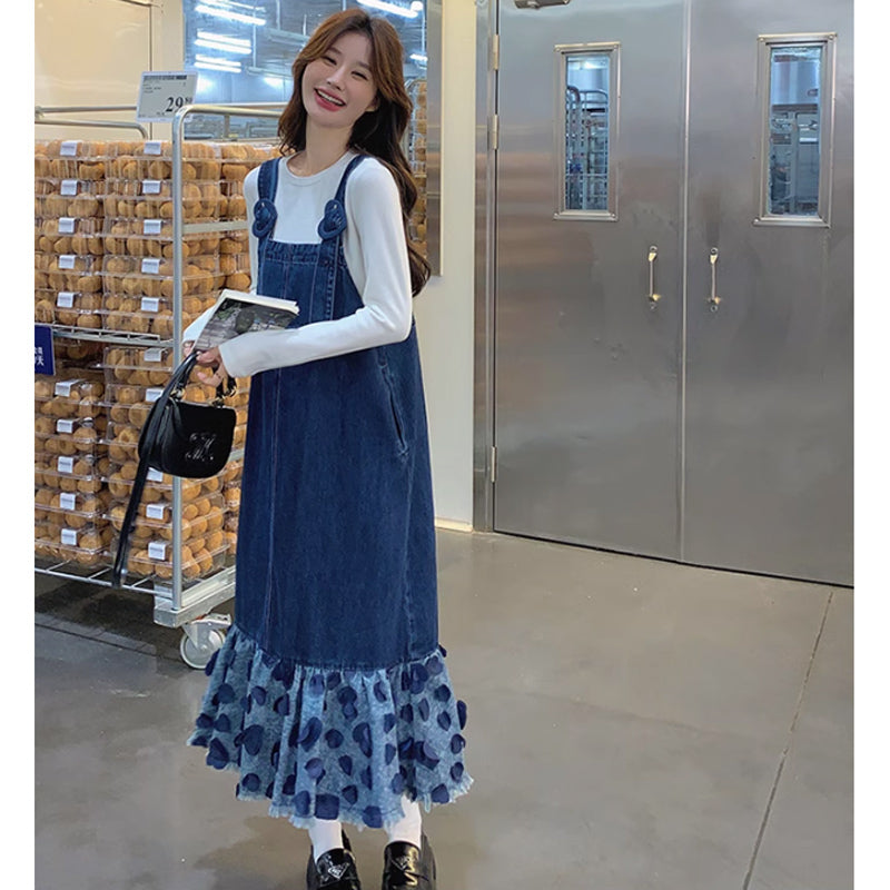 裾フレアデニムサロペットワンピース(2colors)