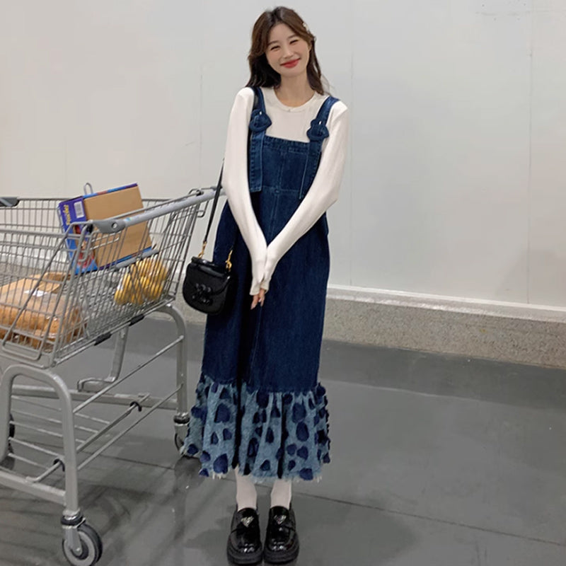 裾フレアデニムサロペットワンピース(2colors)