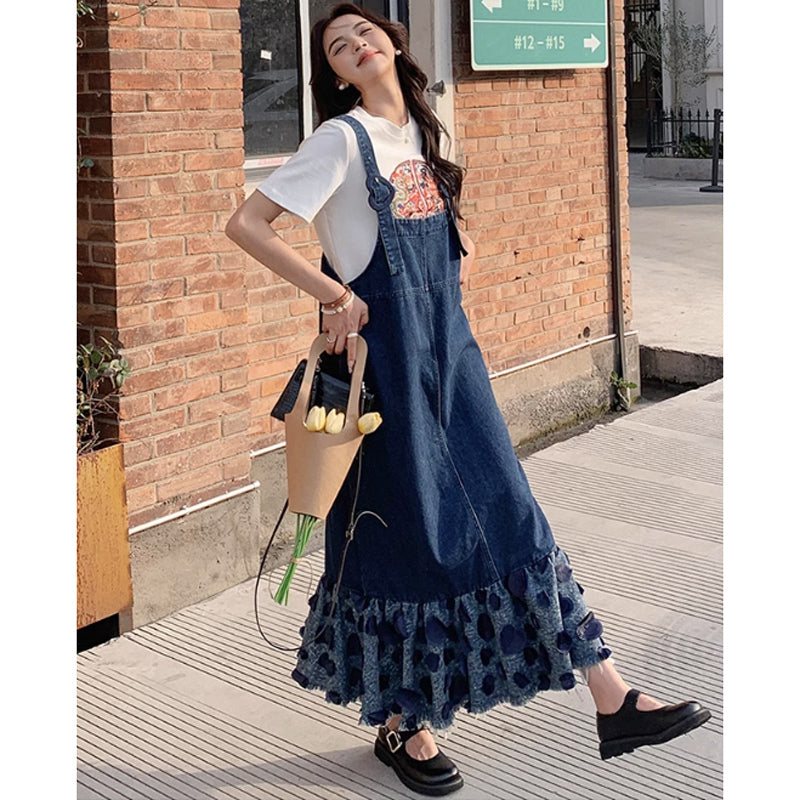 裾フレアデニムサロペットワンピース(2colors)