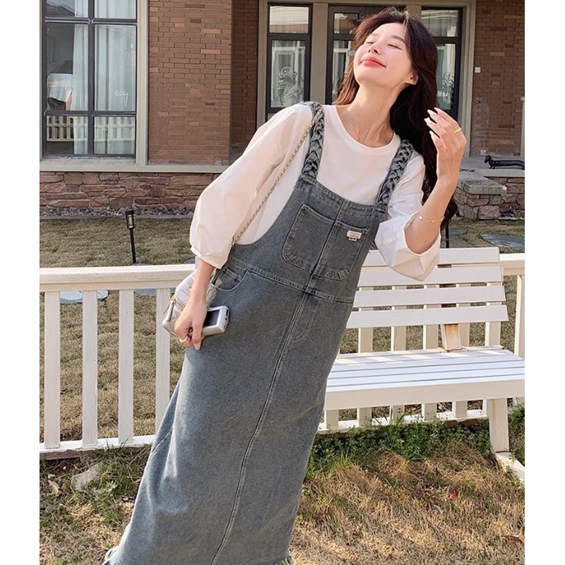 バルーン袖Tシャツ×カットオフデニムサロペットスカート