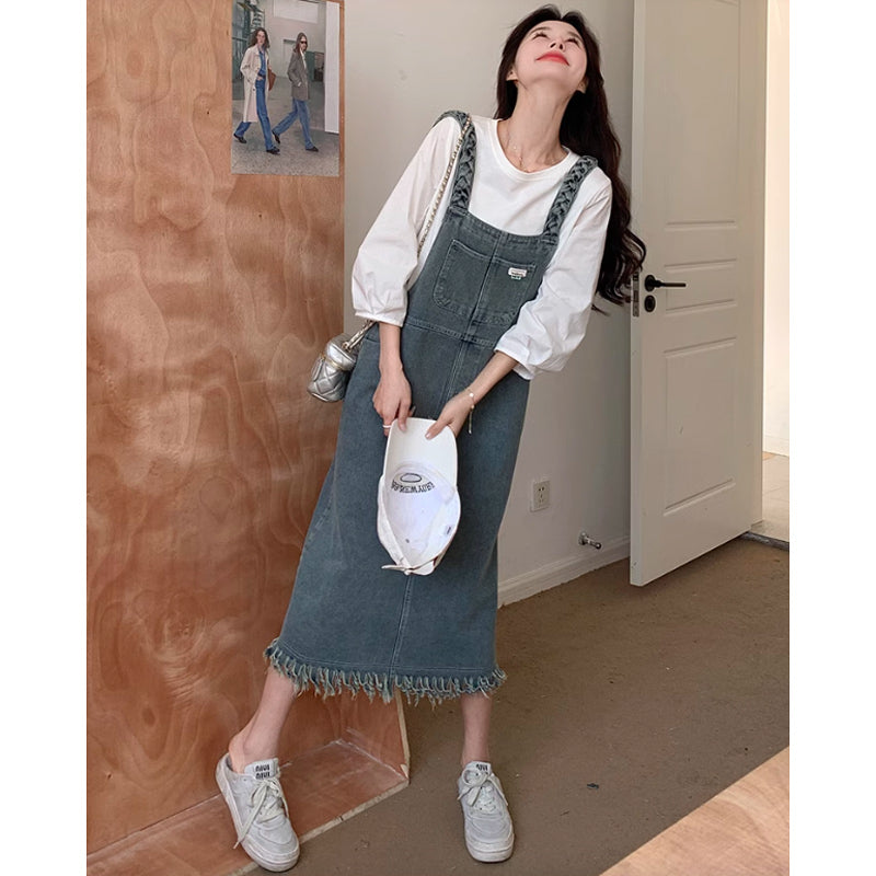 バルーン袖Tシャツ×カットオフデニムサロペットスカート