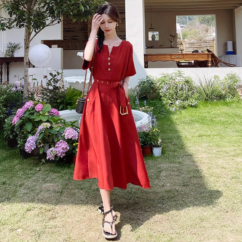 ラウンドネックレトロワンピース