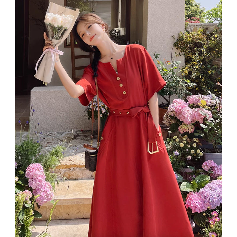 ラウンドネックレトロワンピース