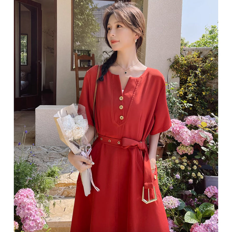 ラウンドネックレトロワンピース