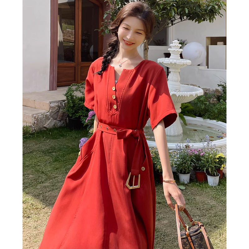 ラウンドネックレトロワンピース