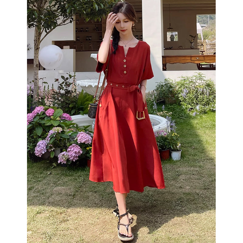 ラウンドネックレトロワンピース