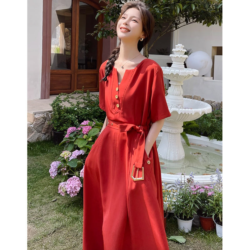 ラウンドネックレトロワンピース