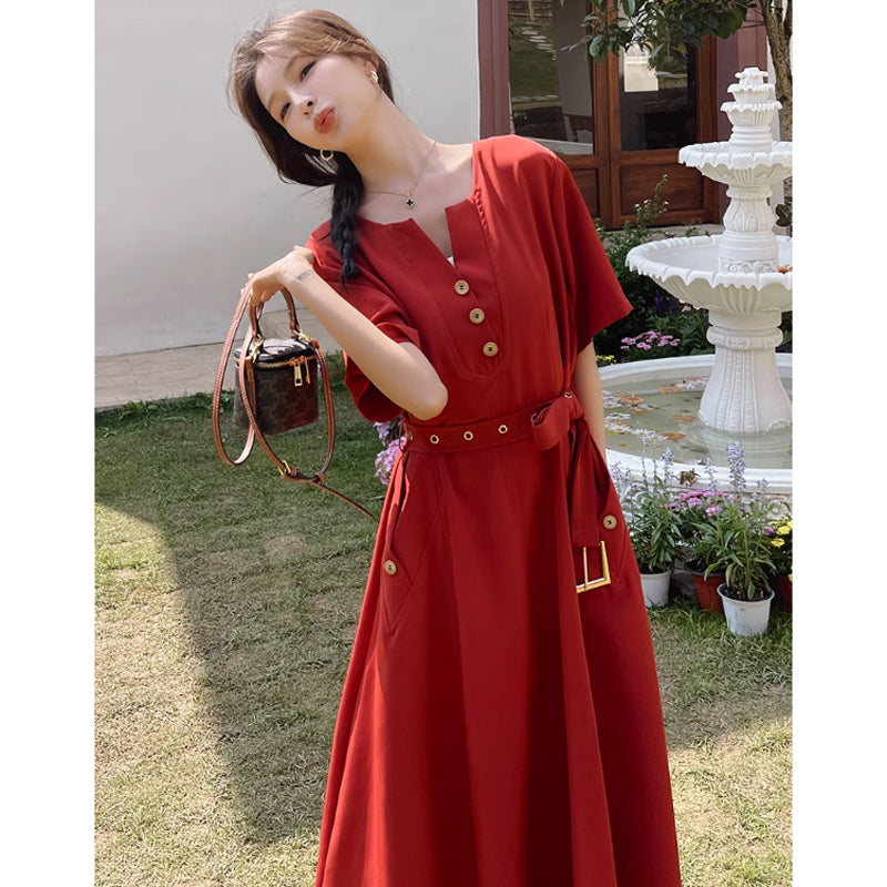 ラウンドネックレトロワンピース