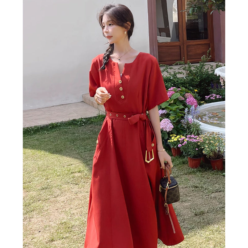 ラウンドネックレトロワンピース