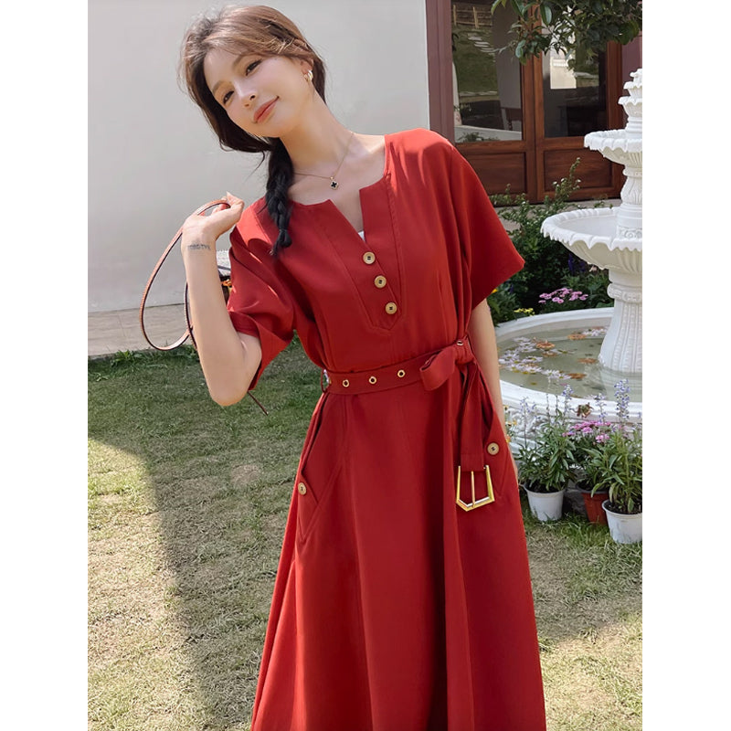 ラウンドネックレトロワンピース