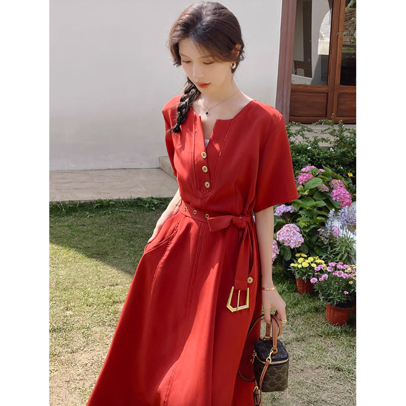 ラウンドネックレトロワンピース