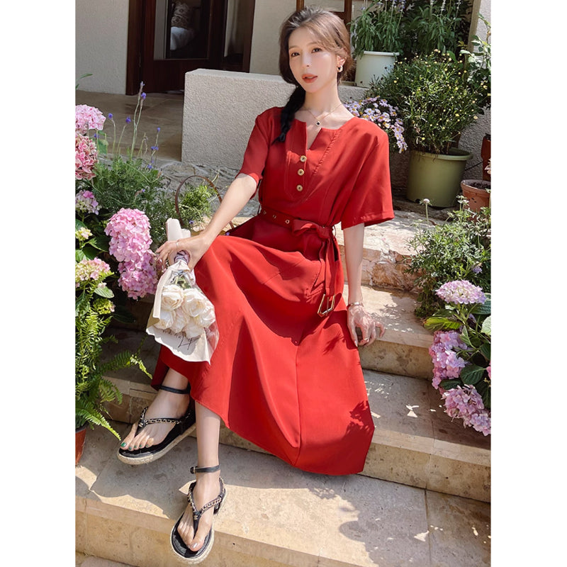 ラウンドネックレトロワンピース