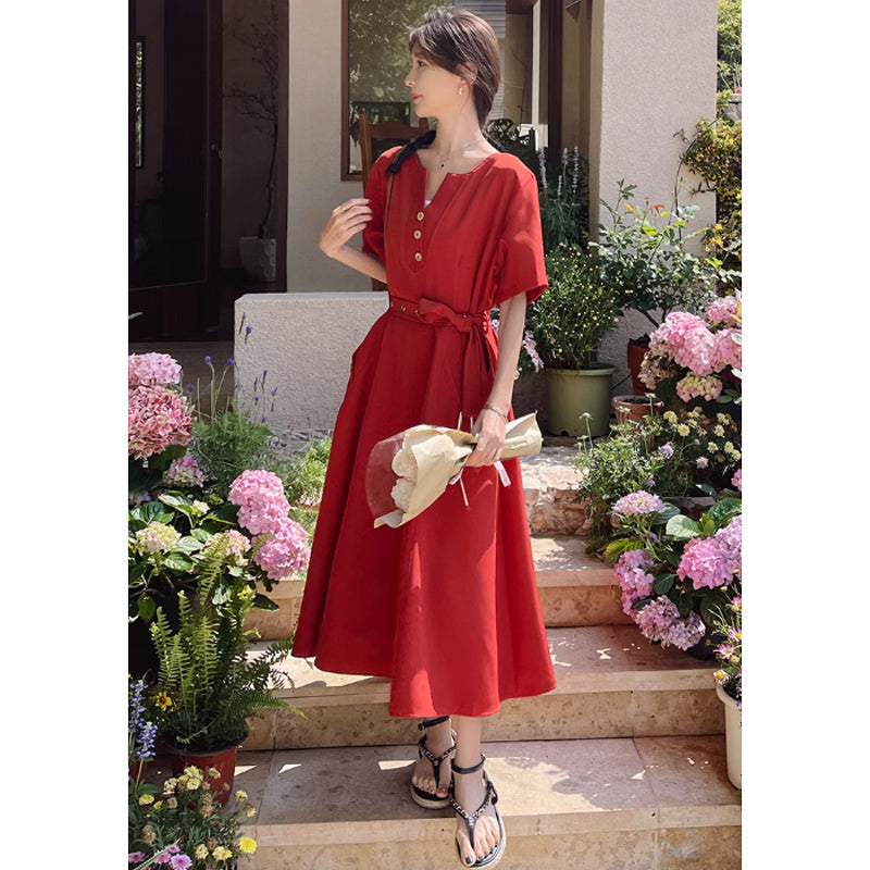 ラウンドネックレトロワンピース