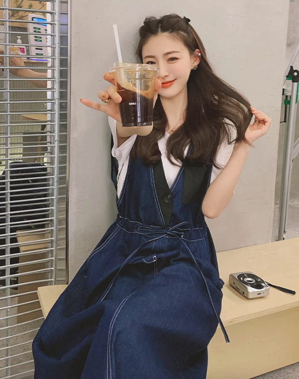 Vネックインディゴデニムワンピース