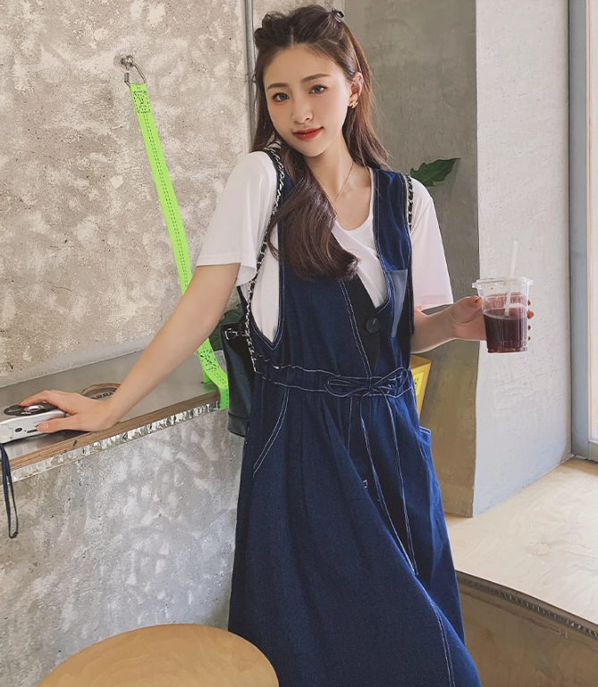 Vネックインディゴデニムワンピース