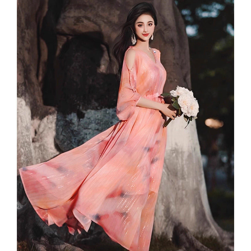 【即納】オープンショルダーシフォンワンピース