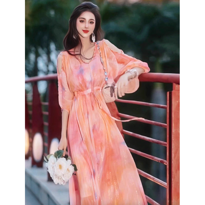 【即納】オープンショルダーシフォンワンピース