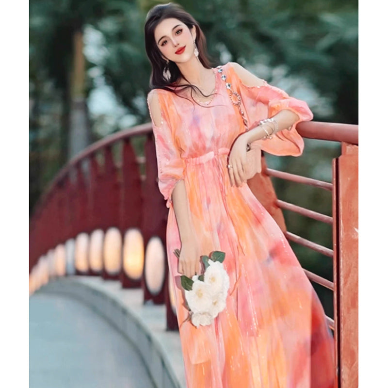 【即納】オープンショルダーシフォンワンピース