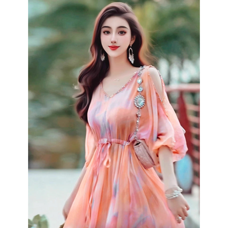 【即納】オープンショルダーシフォンワンピース