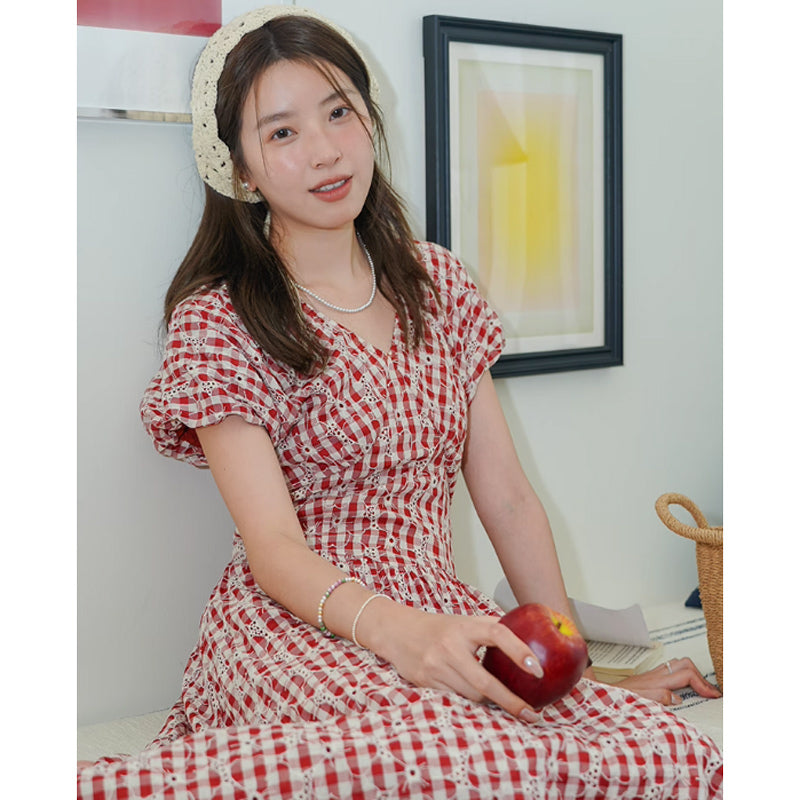 レッドチェックカシュクールワンピース