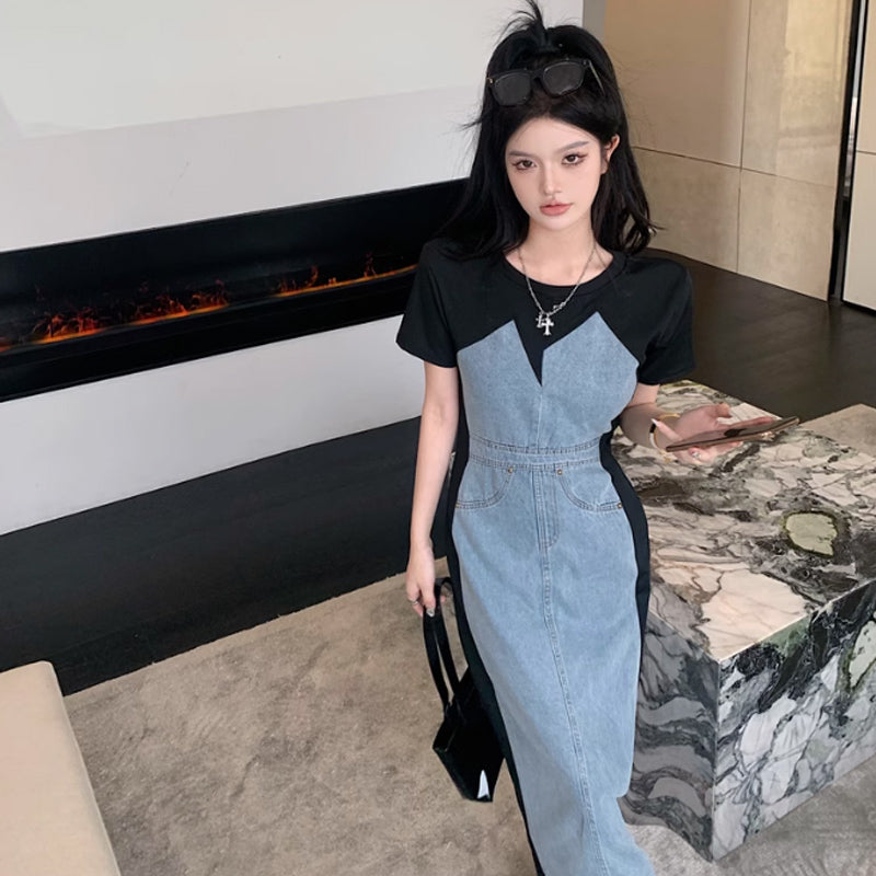 デニム切り替えタイトワンピース