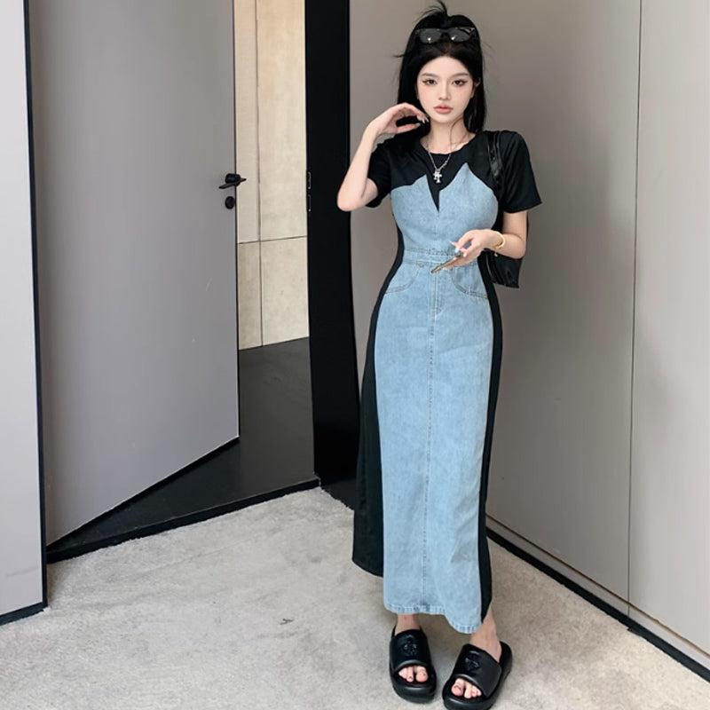 デニム切り替えタイトワンピース