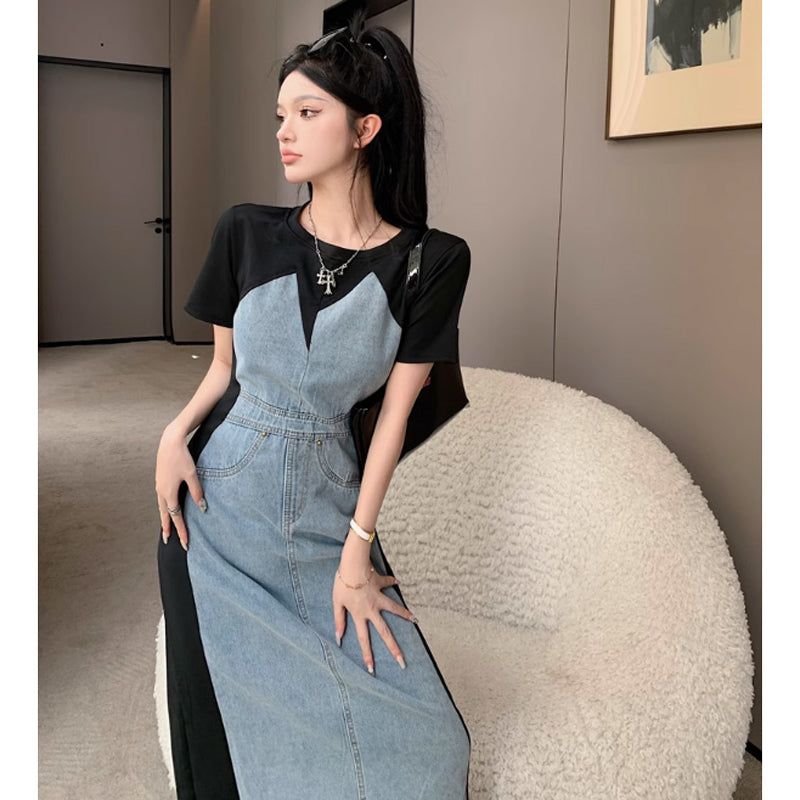 デニム切り替えタイトワンピース